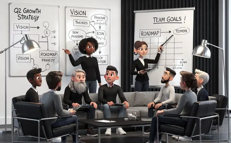 Team at a strategy offsite in front of whiteboards with vision, roadmap and team goals