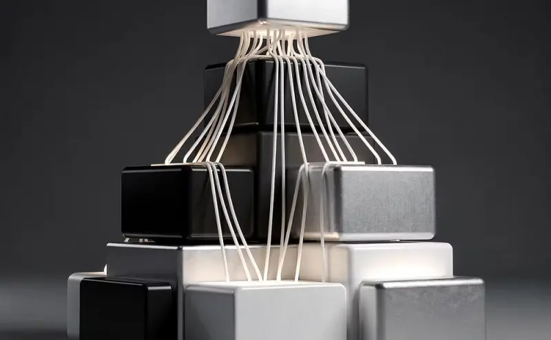 Stacked blocks connected by cables to a single block at the top, a bottleneck moving up a level