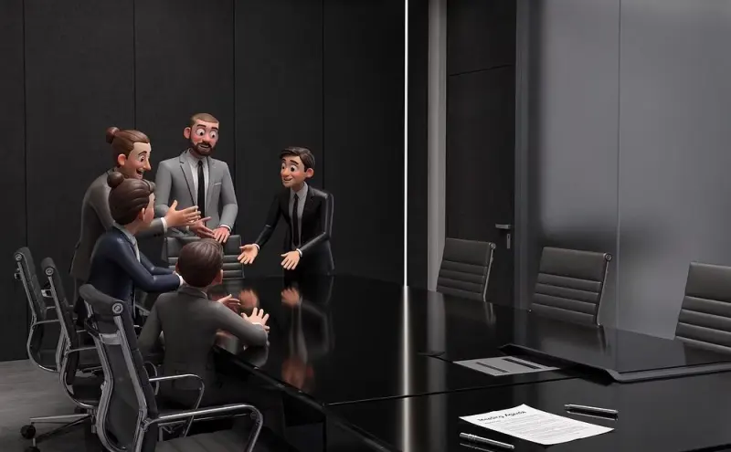 Team meeting at one end of a long boardroom table while the other end sits empty